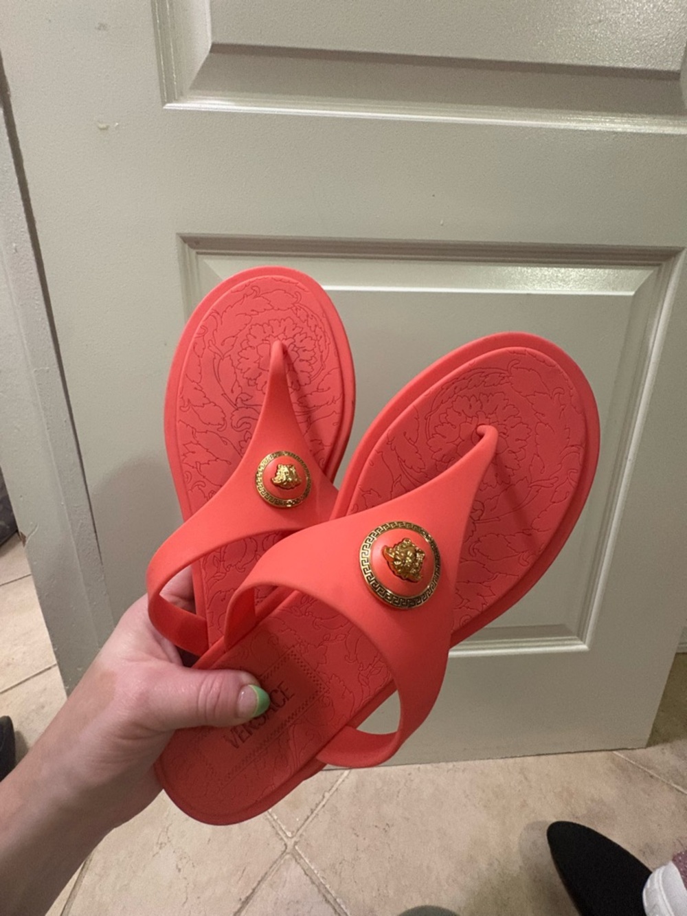 Versace Coral-Red Slide Sandals